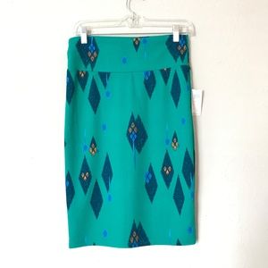 LuLaRoe Teal Print Cassie Pencil Skirt, S (6-8)